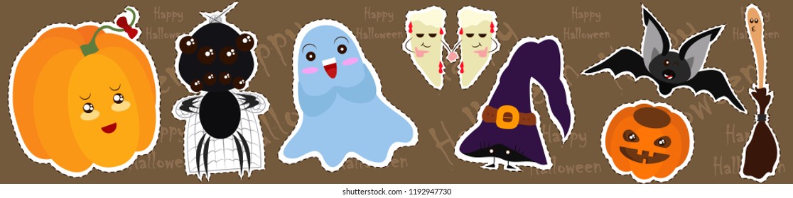 Vector Set of Characters and Icons for Halloween in Cartoon Style. Stickers Pack of Pumpkins, Bat, Ghost, Which's Hat, Spider, Broom and Fangs of Vampire. Traditional Elements for Autumn Holidays