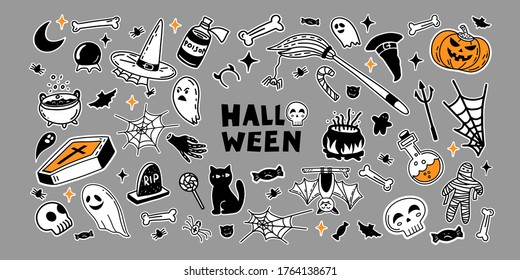 Vector set of characters and icons for Halloween in hand drawn doodle style. Pumpkin, Ghost, candy, witch cauldron and other traditional Halloween elements. 