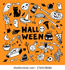 Vector set of characters and icons for Halloween in hand drawn doodle style. Pumpkin, Ghost, candy, witch cauldron and other traditional Halloween elements. 