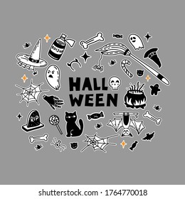 Vector set of characters and icons for Halloween in hand drawn doodle style. Pumpkin, Ghost, candy, witch cauldron and other traditional Halloween elements. 