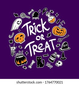 Vector set of characters and icons for Halloween in hand drawn doodle style. Pumpkin, Ghost, candy, witch cauldron and other traditional Halloween elements and trick or treat lettering