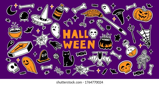 Vector set of characters and icons for Halloween in hand drawn doodle style. Pumpkin, Ghost, candy, witch cauldron and other traditional Halloween elements. 