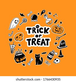 Vector set of characters and icons for Halloween in hand drawn doodle style. Pumpkin, Ghost, candy, witch cauldron and other traditional Halloween elements and trick or treat lettering