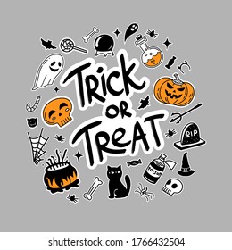 Vector set of characters and icons for Halloween in hand drawn doodle style. Pumpkin, Ghost, candy, witch cauldron and other traditional Halloween elements and trick or treat lettering