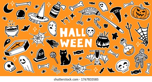 Vector set of characters and icons for Halloween in hand drawn doodle style. Pumpkin, Ghost, candy, witch cauldron and other traditional Halloween elements. 