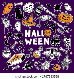 Vector set of characters and icons for Halloween in hand drawn doodle style. Pumpkin, Ghost, candy, witch cauldron and other traditional Halloween elements. 