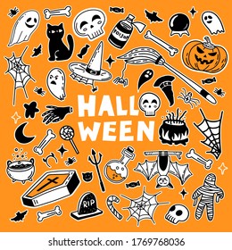 Vector set of characters and icons for Halloween in hand drawn doodle style. Pumpkin, Ghost, candy, witch cauldron and other traditional Halloween elements. 