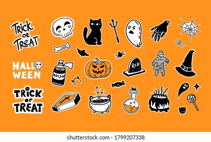 Vector set of characters and icons for Halloween in hand drawn doodle style. Pumpkin, Ghost, candy, witch cauldron and other traditional Halloween elements. 