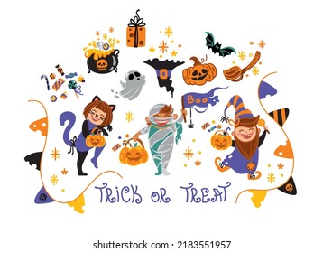 Vector set of characters and icons for Halloween in cartoon style. 
Pumpkin, bat, ghost and other traditional elements of Halloween. 
Children in costumes for Halloween