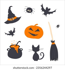 Vector set of characters and icons for Halloween in cartoon style. Halloween objects. Hat, ghost, pumpkin, potion, grave, bats.