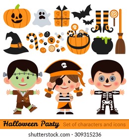 Vector set of characters and icons for Halloween in cartoon style. Pumpkin, ghost, candy, witches cauldron and other traditional elements of Halloween. Children in costumes for Halloween.