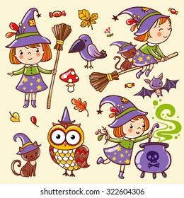 Vector set of characters and icons for Halloween in cartoon style. Cute witch, owl, cat.