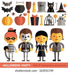 Vector set of characters and icons for Halloween in flat style. Pumpkin, ghost, candy, witches cauldron and other traditional elements of Halloween. Flat characters in costumes for Halloween.