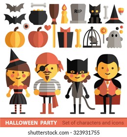 Vector set of characters and icons for Halloween in flat style. Pumpkin, ghost, candy, witches cauldron and other traditional elements of Halloween. Flat characters in costumes for Halloween.