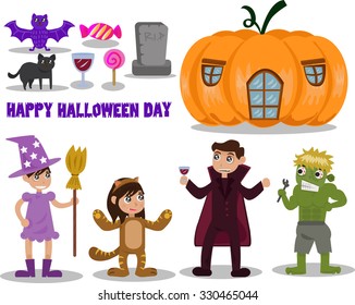 Vector set of characters and icons for Halloween in cartoon style. 