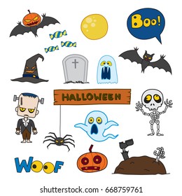 Vector set of characters and icons for Halloween in cartoon style. Pumpkin, ghost, candy, Frankenstein, Skeleton and other traditional elements of Halloween. Children in costumes for Halloween.