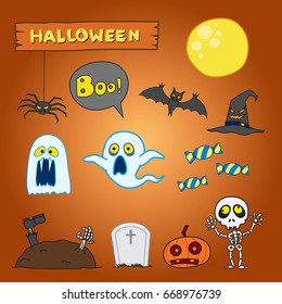 Vector set of characters and icons for Halloween in cartoon style. Pumpkin, ghost, candy, Skeleton and other traditional elements of Halloween. Children in costumes for Halloween.