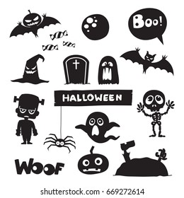 Vector set of characters and icons for Halloween in cartoon style. Pumpkin, ghost, candy, Frankenstein, Skeleton and other traditional elements of Halloween. Children in costumes for Halloween.