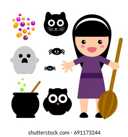 Vector set of characters and icons for Halloween in cartoon style. ghost, candy, witches cauldron and other traditional elements of Halloween. Children cute in costumes for Halloween.witch