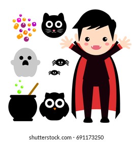 Vector set of characters and icons for Halloween in cartoon style.  ghost, candy, witches cauldron and other traditional elements of Halloween. Children cute in costumes for Halloween. Vampire