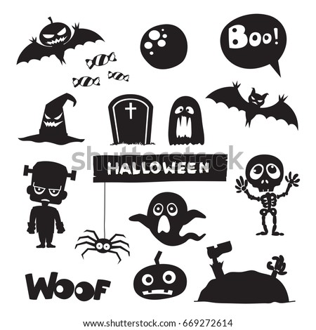 Vector set of characters and icons for Halloween in cartoon style. Pumpkin, ghost, candy, Frankenstein, Skeleton and other traditional elements of Halloween. Children in costumes for Halloween.