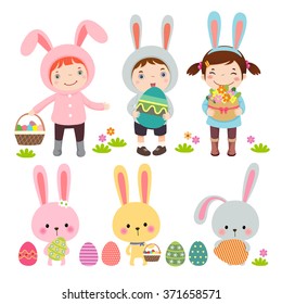 Vector set of characters and icons on the Easter theme in cartoon style