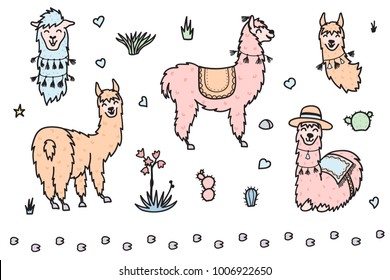 Conjunto vectorial de caracteres. Ilustración de cordero adorable sudamericano con decoraciones. Dibujo aislado de una llama bebé. Mano dibuja guanaco, alpaca, vicuna. Dibujo para impresión, tela