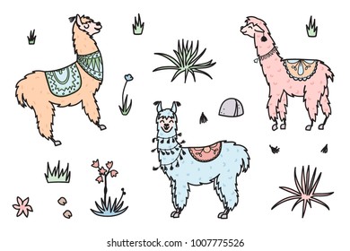 Vector set of characters. Illustration of south America cute lama with decorations. Isolated outline cartoon baby llama. Hand drawn Peru animal guanaco, alpaca, vicuna. Drawing for print, fabric