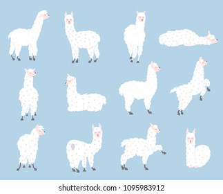 Vector set of characters. Illustration of south America cute lama. Isolated outline cartoon baby llama. Hand drawn Peru animal guanaco, alpaca, vicuna. Drawing for print, fabric, textile etc.