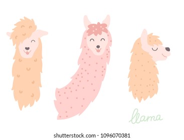 Vector set of characters. Illustration of south America cute lama. Isolated outline cartoon baby llama. Hand drawn Peru animal guanaco, alpaca, vicuna. Drawing for print, fabric, textile etc.