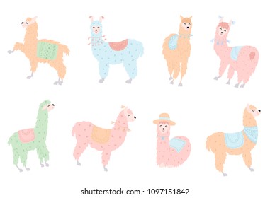 Vector set of characters. Illustration of south America cute lama. Isolated outline cartoon baby llama. Hand drawn Peru animal guanaco, alpaca, vicuna. Drawing for print, fabric, textile etc.