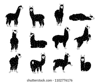 Vector set of characters. Illustration of south America cute llama. Isolated outline cartoon baby llama. Hand drawn Peru animal guanaco, alpaca, vicuna. Drawing for print, fabric, textile etc.