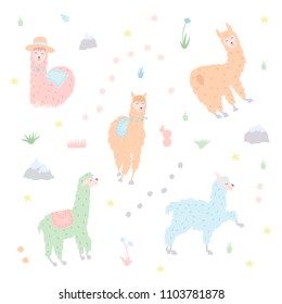 Vector set of characters. Illustration of south America cute lama. Isolated outline cartoon baby llama. Hand drawn Peru animal guanaco, alpaca, vicuna. Drawing for print, fabric, textile etc.