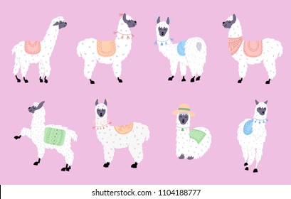 Vector set of characters. Illustration of south America cute lama. Isolated outline cartoon baby llama. Hand drawn Peru animal guanaco, alpaca, vicuna. Drawing for print, fabric, textile etc.