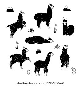 Vector set of characters. Illustration of south America cute llama. Isolated outline cartoon baby llama. Hand drawn Peru animal guanaco, alpaca, vicuna. Drawing for print, fabric, textile etc.