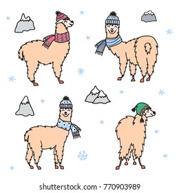 Vector set of characters. Illustration of south America cute lama in winter hat and scarf. Isolated outline cartoon baby llama. Hand drawn Peru animal guanaco, alpaca, vicuna. Drawing for print.