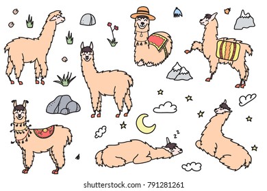 Vector set of characters. Illustration of south America cute lama with decorations. Isolated outline cartoon baby llama. Hand drawn Peru animal guanaco, alpaca, vicuna. Drawing for print, fabric