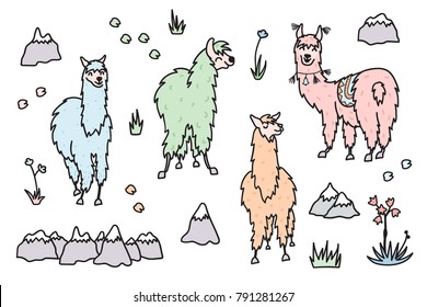 Vector set of characters. Illustration of south America cute lama with decorations. Isolated outline cartoon baby llama. Hand drawn Peru animal guanaco, alpaca, vicuna. Drawing for print, fabric