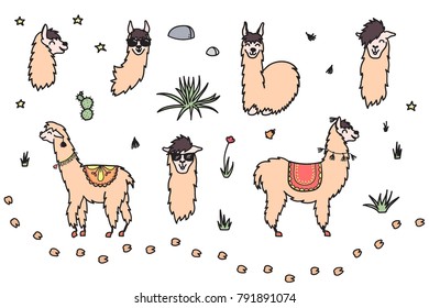 Vector set of characters. Illustration of south America cute lama with decorations. Isolated outline cartoon baby llama. Hand drawn Peru animal guanaco, alpaca, vicuna. Drawing for print, fabric