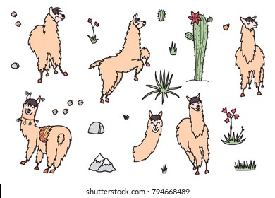 Vector set of characters. Illustration of south America cute lama with decorations. Isolated outline cartoon baby llama. Hand drawn Peru animal guanaco, alpaca, vicuna. Drawing for print, fabric