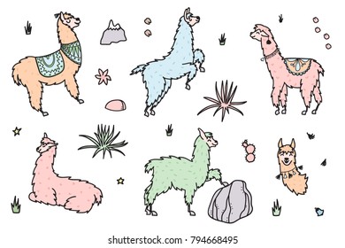 Vector set of characters. Illustration of south America cute lama with decorations. Isolated outline cartoon baby llama. Hand drawn Peru animal guanaco, alpaca, vicuna. Drawing for print, fabric