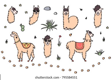 Vector set of characters. Illustration of south America cute lama with decorations. Isolated outline cartoon baby llama. Hand drawn Peru animal guanaco, alpaca, vicuna. Drawing for print, fabric