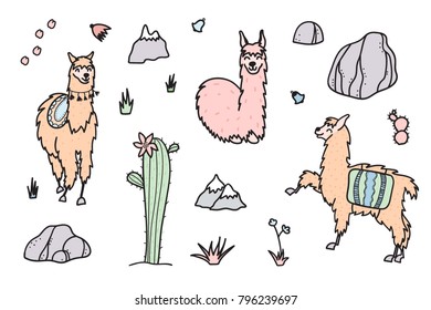 Vector set of characters. Illustration of south America cute lama with decorations. Isolated outline cartoon baby llama. Hand drawn Peru animal guanaco, alpaca, vicuna. Drawing for print, fabric
