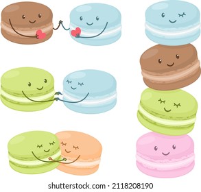 Conjunto de vectores de caracteres. Amantes de los macarons, personajes del pastel. Los macarons adorables están tomados de la mano y sosteniendo valentinas. Conjunto de personajes para el Día de San Valentín