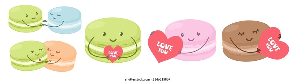 Vector set of characters. Lovers macaroons, cake characters. Cute macaroons are holding hands and holding valentines. Set of characters for Valentine's Day