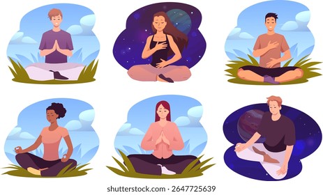 Vector set of characters meditating and doing breathing exercises in lotus position against the backdrop of nature and space. Healthy lifestyle, balance and harmony. Flat style.
