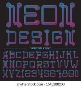 Vector set of characters in neon color. Comic font. Alphabet made of striped twisted ribbons. Vector letters and numbers.