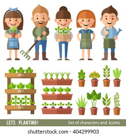 Vector set of characters and objects garden and orchard. Boys and girls work in the garden. Plants in pots and beds.