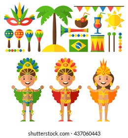 Vector set of characters and objects in the tradition of Brazil. Brazilian Carnival. Brazilian dancers, maracas, drums, flags and cocktails.