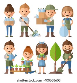 Vector set of characters on environmental issues. Boys and girls  planted and watered trees, grow flowers. Boys and girls are cleaned from garbage nature.